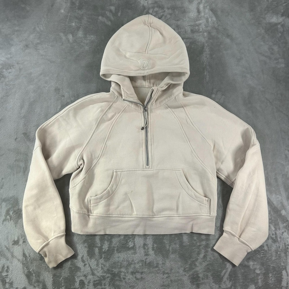 Lululemon Scuba Hoodie Womens Small Beige Fleece 1/2 Zip Cropped Thumbholes